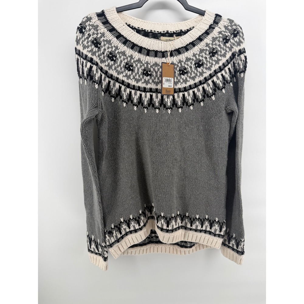 GH Bass Women Grey Fair Isle Knit Crewneck Sweater Medium NWT